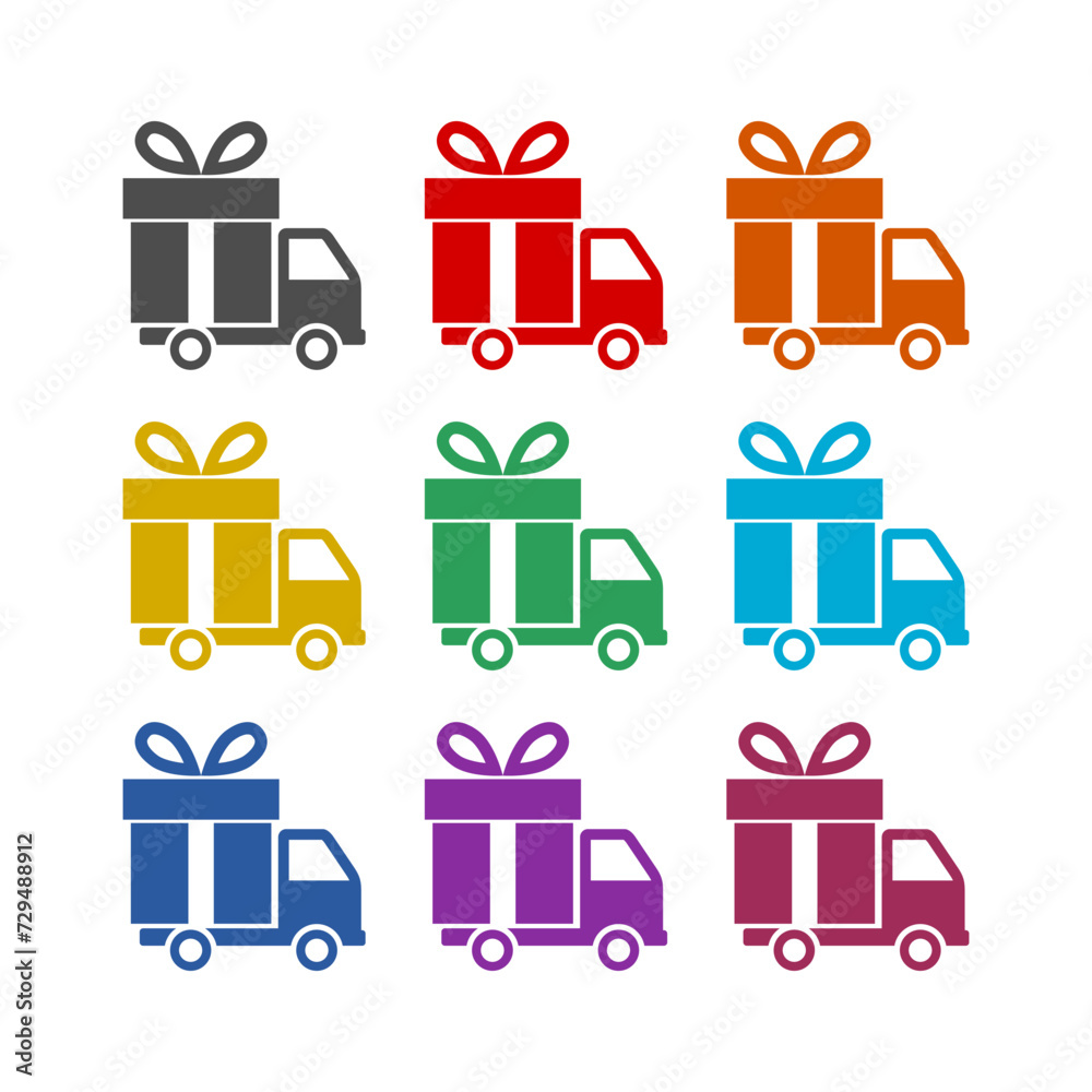 Delivery truck with gift or present icon isolated on white background. Set icons colorful Delivery truck with gift or present icon isolated on white background. Set icons colorful