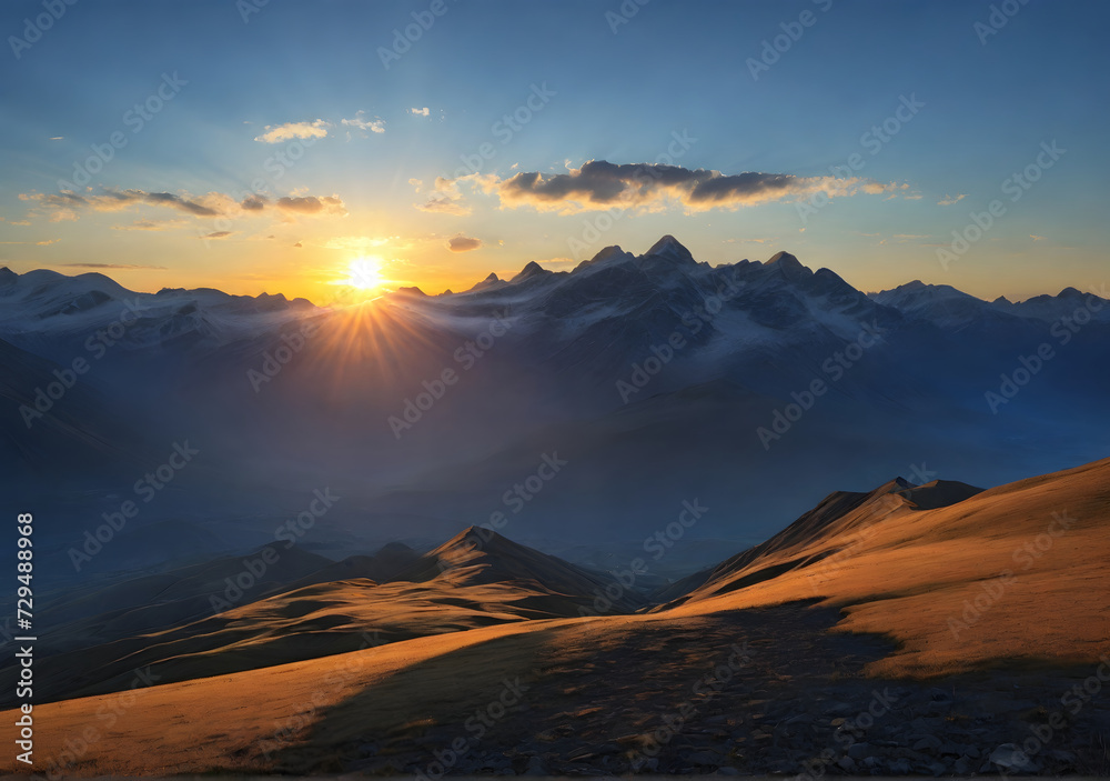 Mountains sunrise sunset shadows blue sky