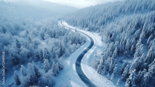 Aerial top view of a beautiful curved road on green forest in the snow season.