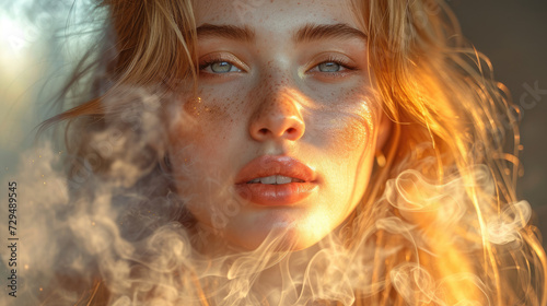 The face of a beautiful young red-haired woman with blue eyes and freckles in a cloud of smoke. photo