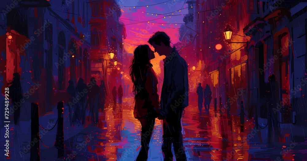 In the dimly lit street, their bodies entwined as the rain glistened on their clothing, creating an artistic display of passion under the night sky In the dimly lit street, their bodies entwined as the rain glistened on their clothing, creating an artistic display of passion under the night sky