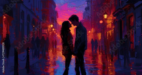 In the dimly lit street, their bodies entwined as the rain glistened on their clothing, creating an artistic display of passion under the night sky
