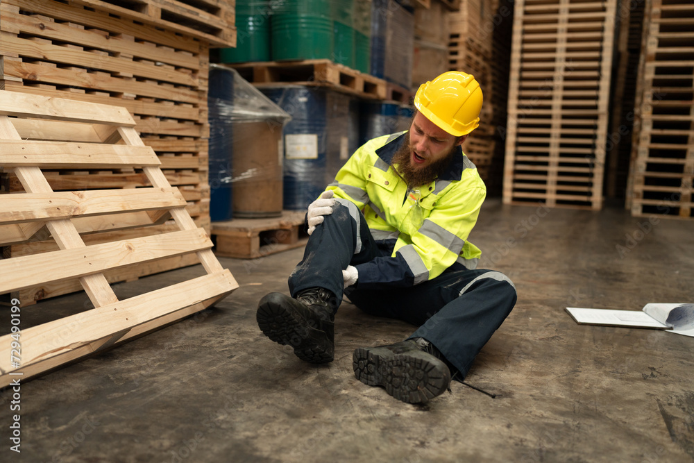 Mechanical engineer or businessman injured kneel pain at pallets warehouse Mechanical engineer or businessman injured kneel pain at pallets warehouse