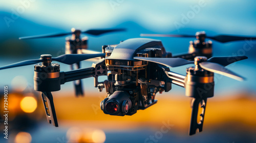 Close-up of a quadcopter drone with camera against a sunset backdrop © Paula