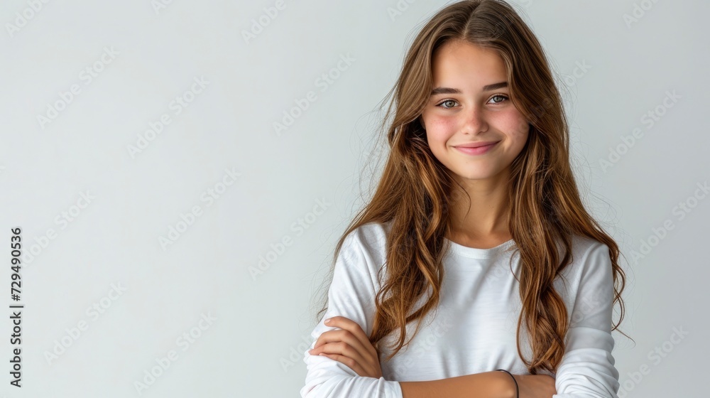 beautiful girl crossing hand and smile isolated on white background beautiful girl crossing hand and smile isolated on white background