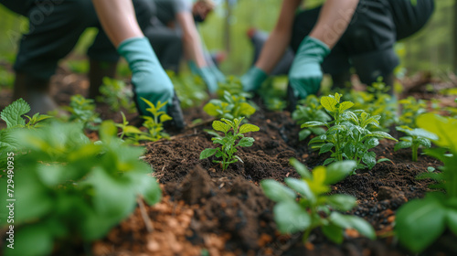 A close up on the reforestation efforts showing volunteers' gloved hands planting young seedlings in fertile soil.