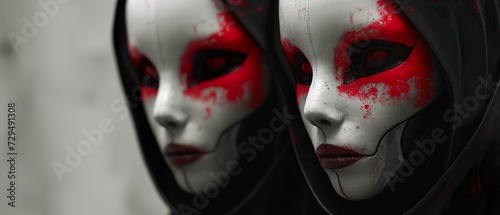 Dark Theater Masks With Red Paint. Illustration On The Theme Of Holidays And Theater, Festivals And Cinema. Generative AI