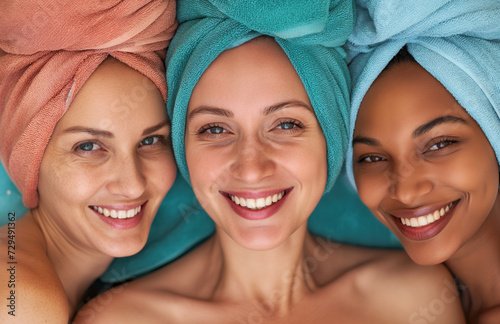 Face portrait of a group of women with towels on their heads. 