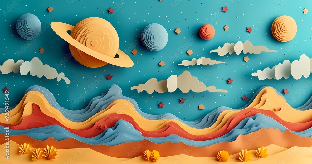 Naklejka premium A whimsical painting of a cartoon planet, carefully cut out of paper and brought to life through the art of storytelling