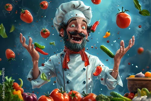 A whimsical painting of a chef hurling vibrant fruits and vegetables, their human face contorted with determination and artistry, capturing the essence of culinary creativity and the beauty of produc