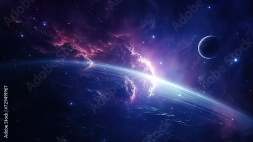 Bright neon cosmic background with planet and stars