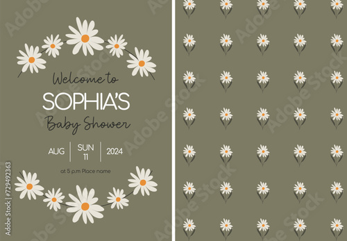 Baby shower invitation with daisies. Green printable card with wildflowers. Vector illustrations.