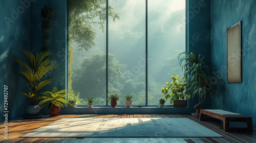 The tranquility of a yoga space featuring a single mat, a calming color palette, and large windows offering a view of nature. 