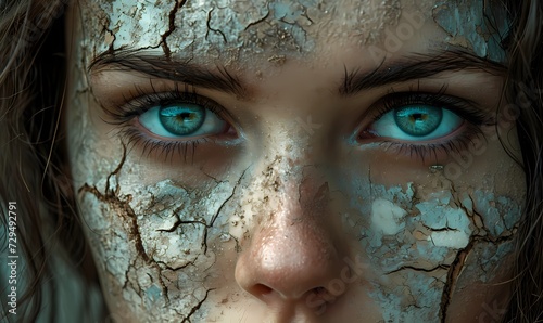 A portrait of a girl's face, adorned with cracked mud, reveals the fragility and strength of the human spirit through her piercing eyes and delicate eyelashes