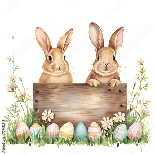 Cute cartoon bunny rabbit and Easter egg with wooden board sign for text on background in watercolor style.