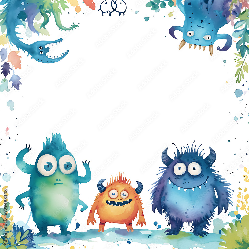 Cute cartoon monsters frame border on background in watercolor style.