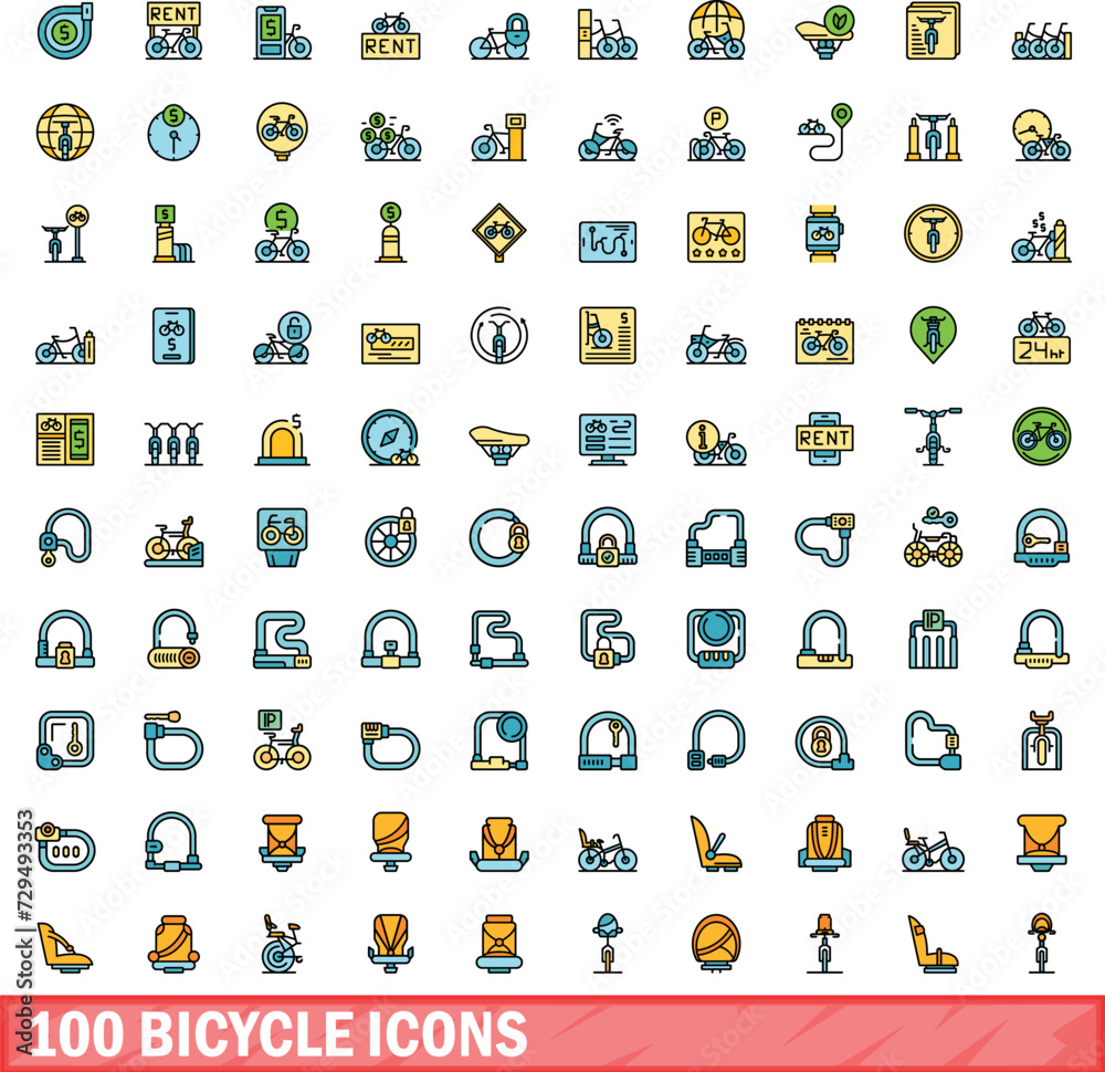 100 bicycle icons set. Color line set of bicycle vector icons thin line color flat on white 100 bicycle icons set. Color line set of bicycle vector icons thin line color flat on white