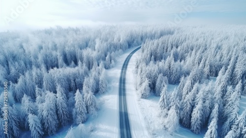 Aerial top view of a beautiful curved road on green forest in the snow season. © inthasone