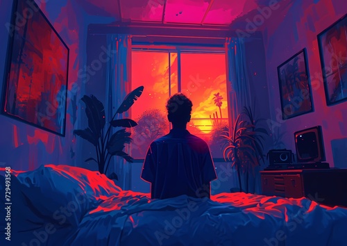 A solitary figure contemplates the beauty of the world beyond the walls of their bedroom, bathed in the warm hues of a setting sun, surrounded by art and the comfort of their own bed