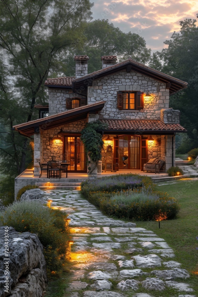 Luxury country house with evening lighting after sunset