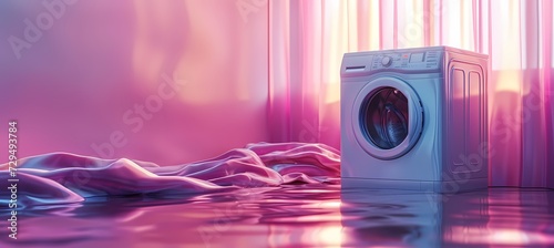 A modern laundry oasis awaits behind the delicate pink curtains, where the trusty washing machine and clothes dryer work tirelessly to refresh and renew our cherished garments photo