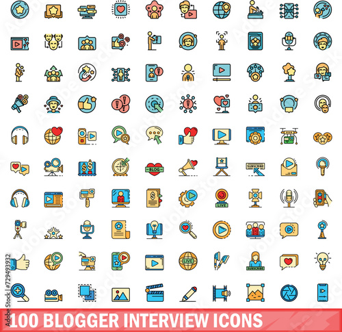 100 blogger interview icons set. Color line set of blogger interview vector icons thin line color flat on white
