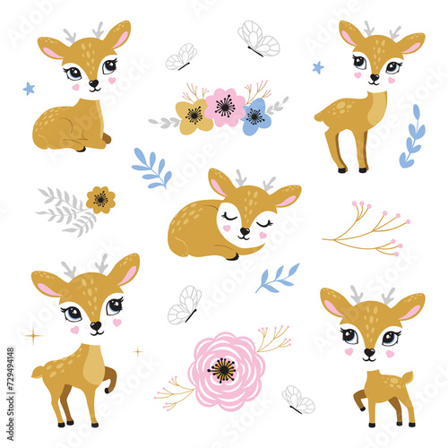 Illustration of cute deer, fawn. Baby, child, cute portrait. Little face, little animal, pet. Brown character, colorful graphic. Stickers, wall art, kids room decoration, cutie full face, small fawn
