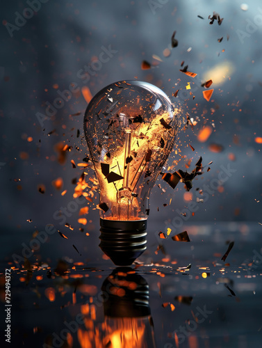 Exploding Light Bulb with sparks and fragments flying in Dark Room, copy space
