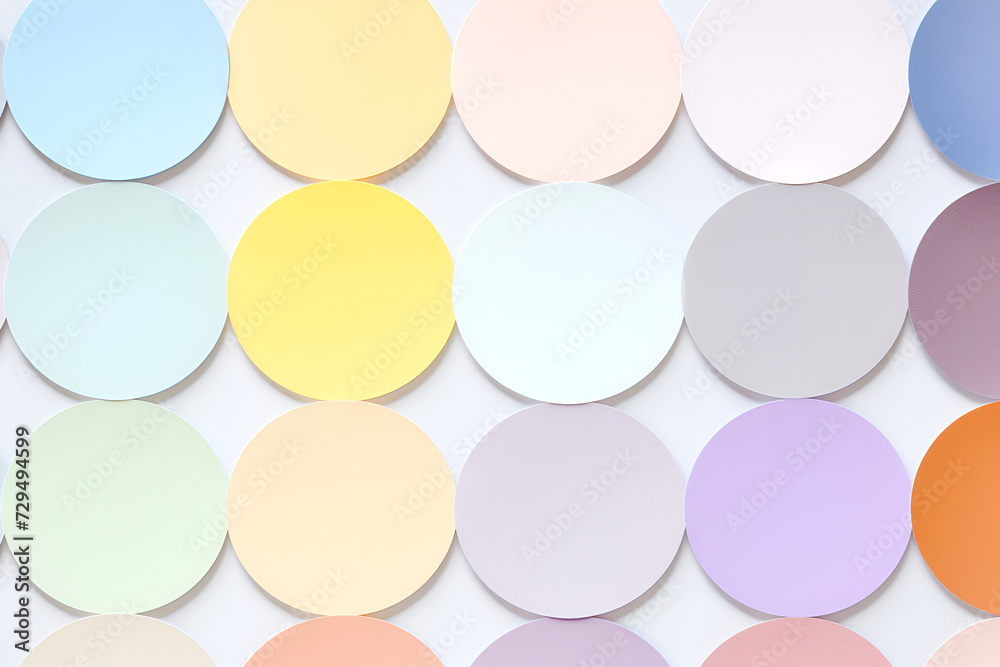 Pastel color palette with circular paper samples for design. oft tones displayed in a geometric circle pattern for decor. Assorted pastel colored circles arranged neatly on light background