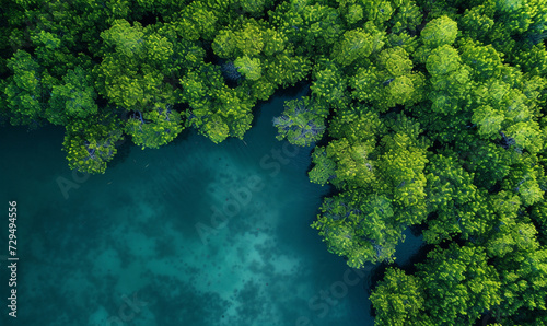 aerial view of mangrove forest. top capture bird eye drone. photo