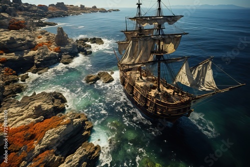 A large ship with sails, an old type of ship stands on the shoals of the sea near the beach, top view of the ship. Pirate ship sailing on the ocean.