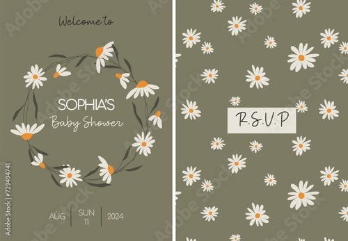 Baby shower card with daisies for a newborn. Print baby shower invitation.  Vector printable postcards with wildflowers. 