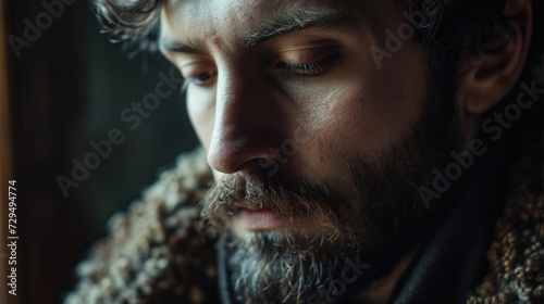 Close up hyper real portrait of bearded man with moustaches