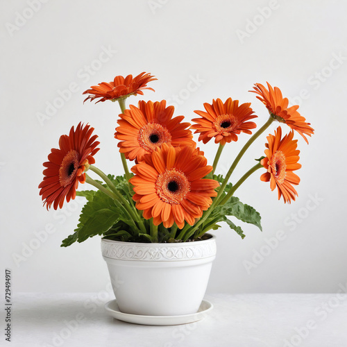 Illustration of potted gerbera daisy plant white flower pot Gerbera jamesonii isolated white background indoor plants
 photo