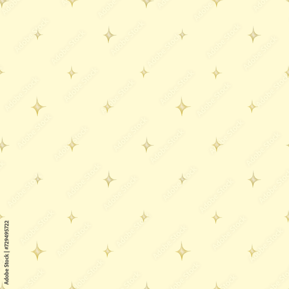Delicate stars on a yellow background. Seamless watercolor pattern. Children's party, baby shower, birthday. Design for wallpaper, cards, wrapping paper, stationery..