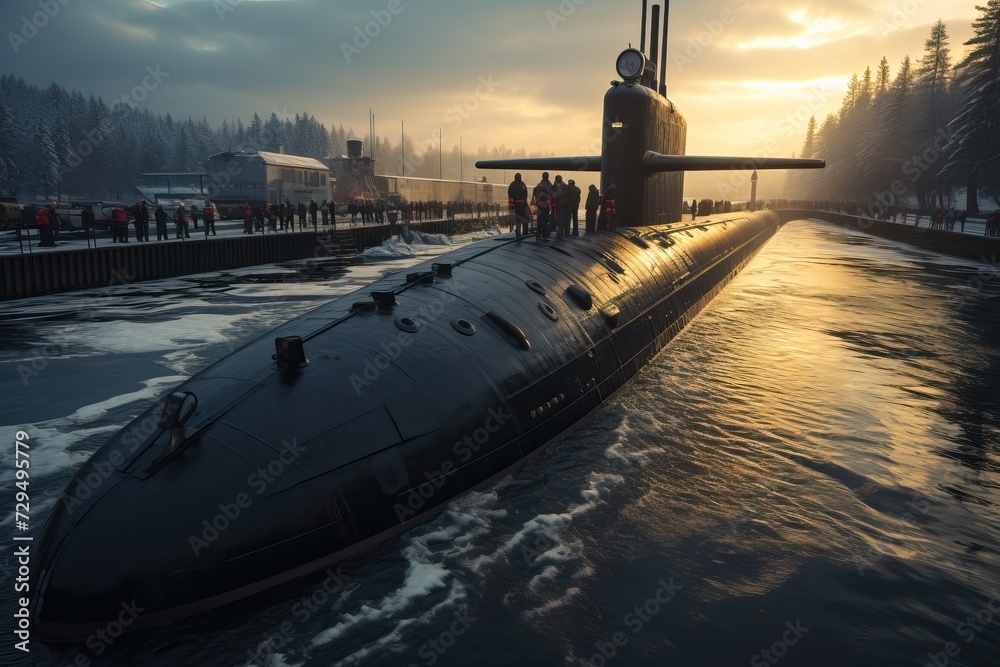 Fototapeta premium A nuclear submarine in the sea on the surface.