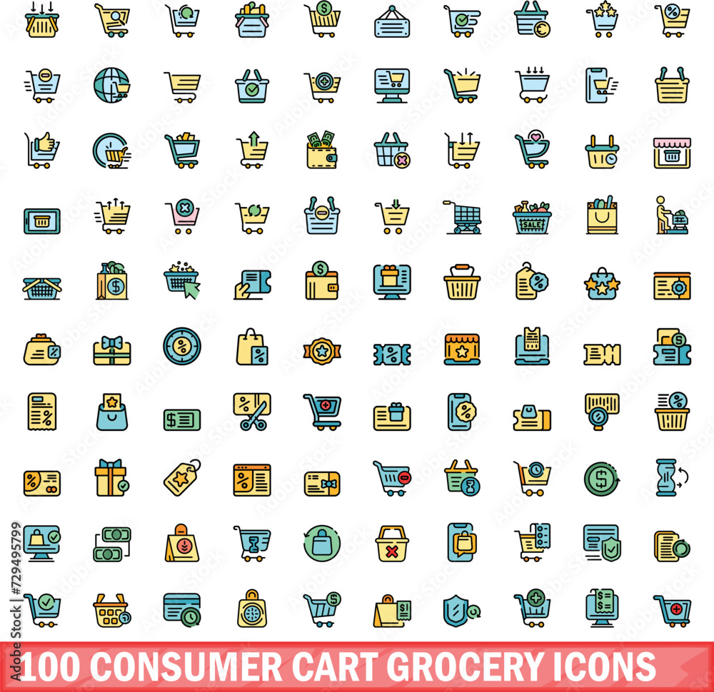 100 consumer cart grocery icons set. Color line set of consumer cart grocery vector icons thin line color flat on white 100 consumer cart grocery icons set. Color line set of consumer cart grocery vector icons thin line color flat on white