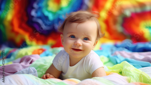 Cheerful little caucasian child on vibrant rainbow color background copy space