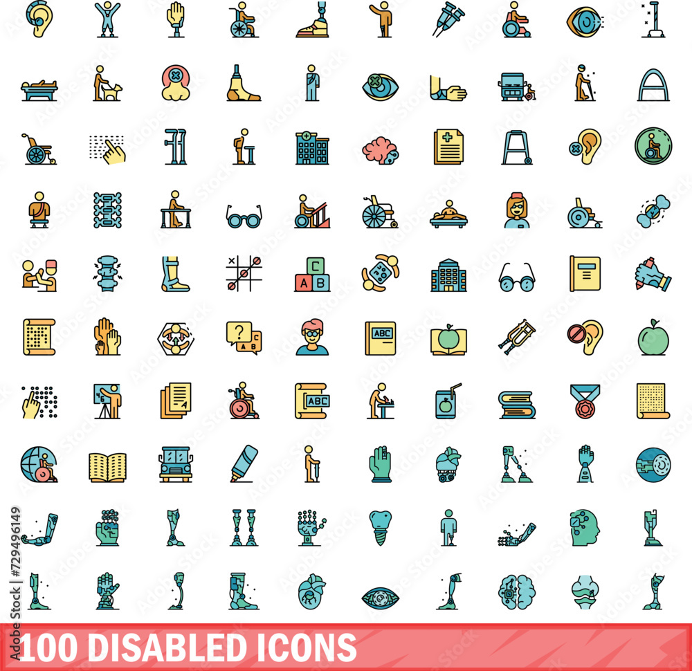 100 disabled icons set. Color line set of disabled vector icons thin line color flat on white 100 disabled icons set. Color line set of disabled vector icons thin line color flat on white