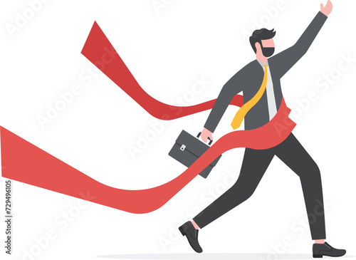 Business man crossing finishing first in. Winner competition concept


