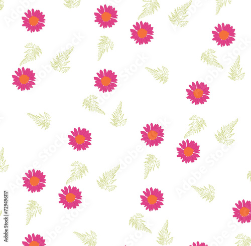 pattern con fiorellini rosa e rami di felce verdi