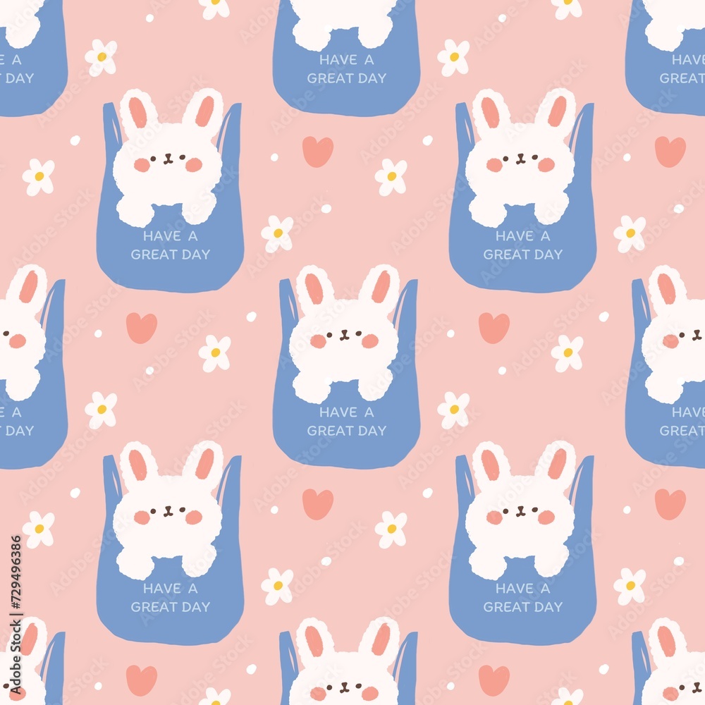 Fototapeta premium seamless pattern Kawaii bunny in bag on pink background.