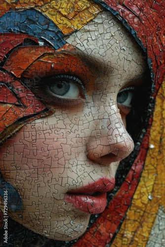 The face of a beautiful girl in colorful paint from a puzzle. 3d illustration