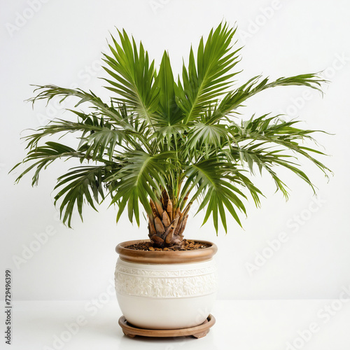 Illustration of potted broad lady palm plant white flower pot Rhapis excelsa isolated white background indoor plants
 photo