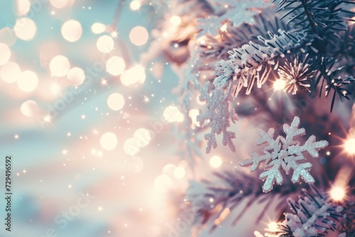 Close Up of a Christmas Tree With Snow Flakes