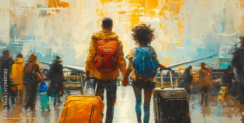 A couple's journey together, their intertwined hands holding onto the future, captured in a vibrant acrylic painting on a bustling street