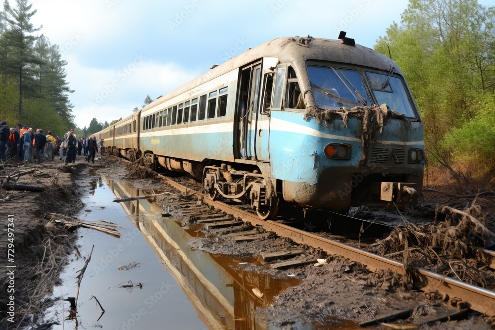 Old abandoned and already rusty train. A missile strike attack on the civilian population during the war.