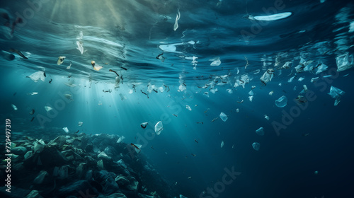 Plastic waste garbage floating on the ocean underwater picture environment © Konstantinos