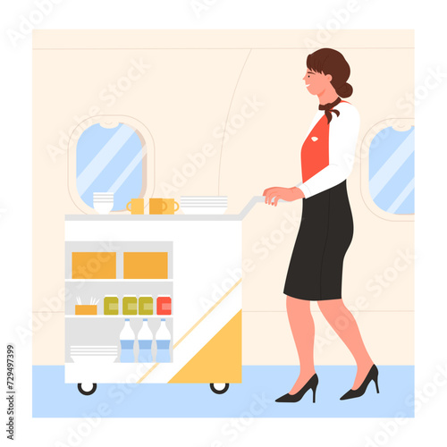 Flight attendant serving food and drinks. Cabin crew service cartoon vector illustration