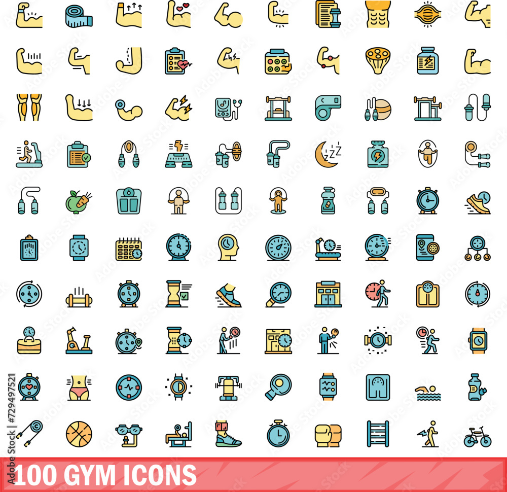 100 gym icons set. Color line set of gym vector icons thin line color flat on white